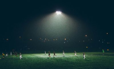 Football pitch under evening lights