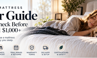 Premium Mattress Buyer Guide hero graphic with bedroom scene and buying advice