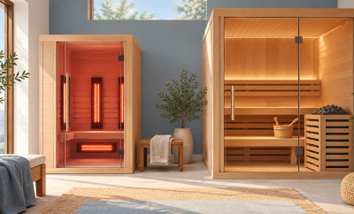 Generic infrared and traditional saunas in a calm home setting
