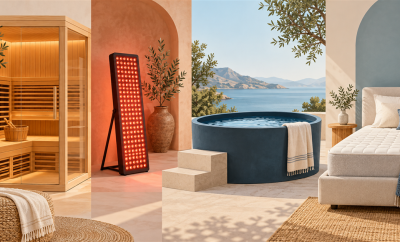 Four generic home wellness equipment categories: sauna, light panel, cold plunge and mattress