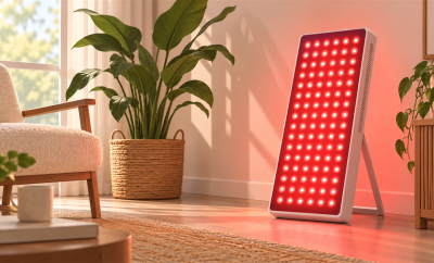 Unbranded red light panel in a calm home room